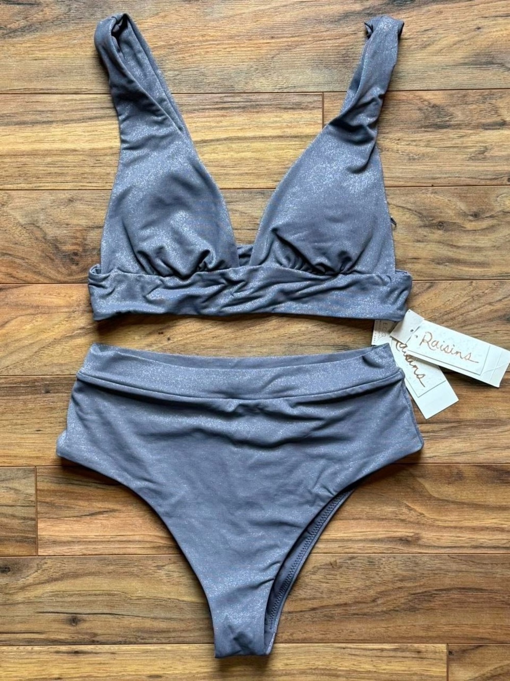 Raisins Shimmery High-Waist Bikini in Metallic Gray